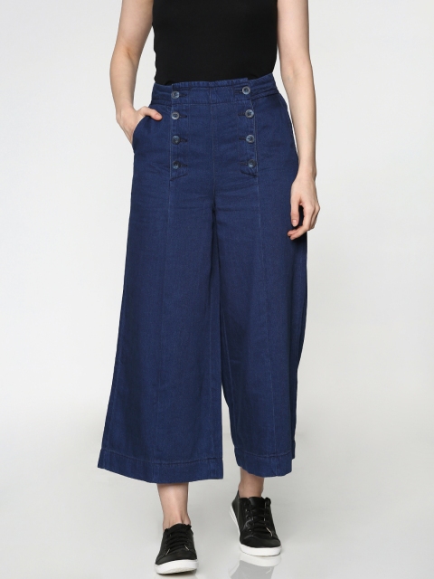 

ONLY Women Blue Solid Wide Leg Denim Cropped Palazzos