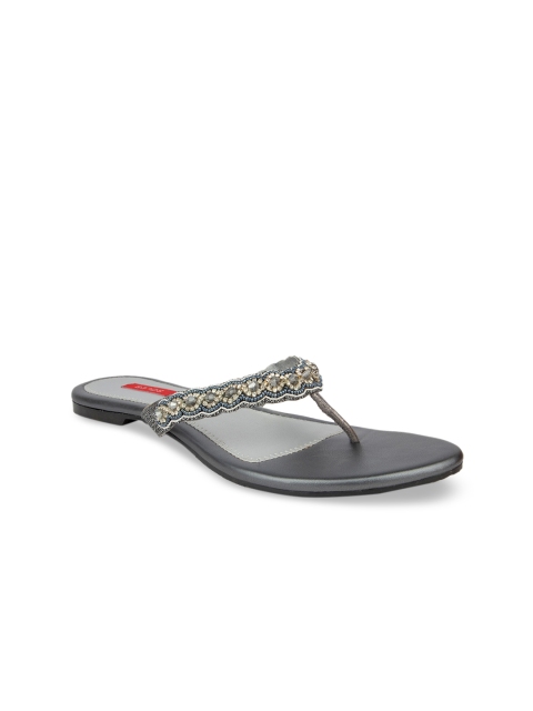 

SOLES Women Grey Embellished Open Toe Flats