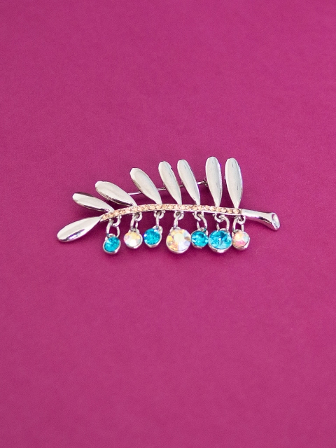 

Golden Peacock Women Silver-Toned & Blue Stone-Studded Leaf-Shaped Brooch