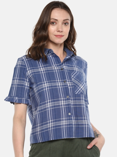 

ONLY Women Blue & White Boxy Checked Casual Shirt