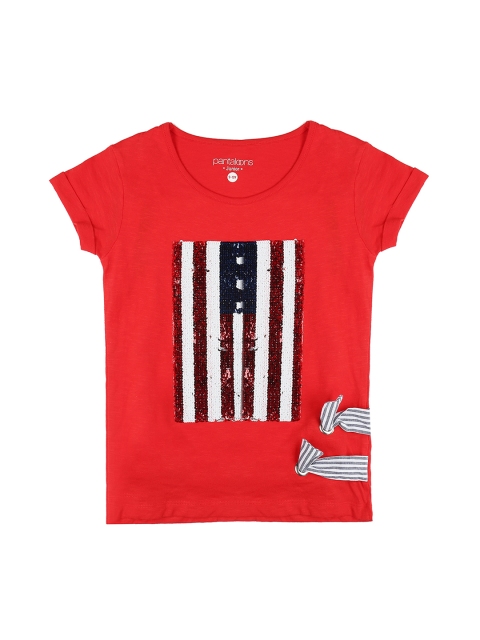 

Pantaloons Junior Girls Coral Red Sequinned Round Neck T-shirt
