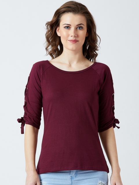 

The Dry State Women Burgundy Solid Round Neck Pure Cotton T-shirt