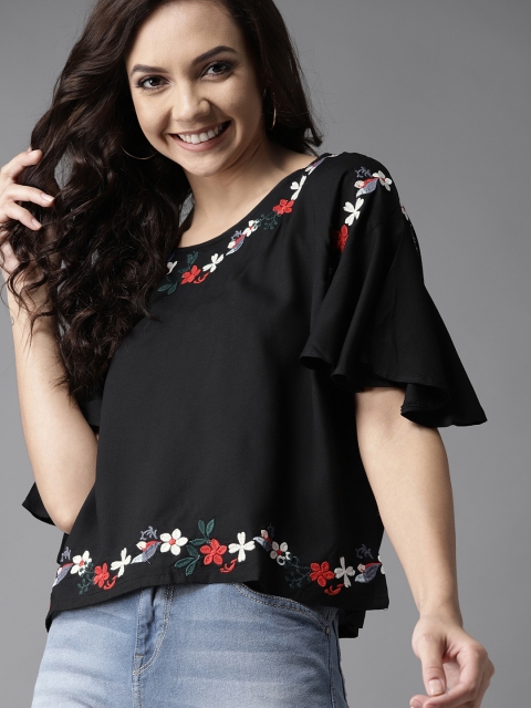 

HERE&NOW Women Black Embroidered Styled Back Top