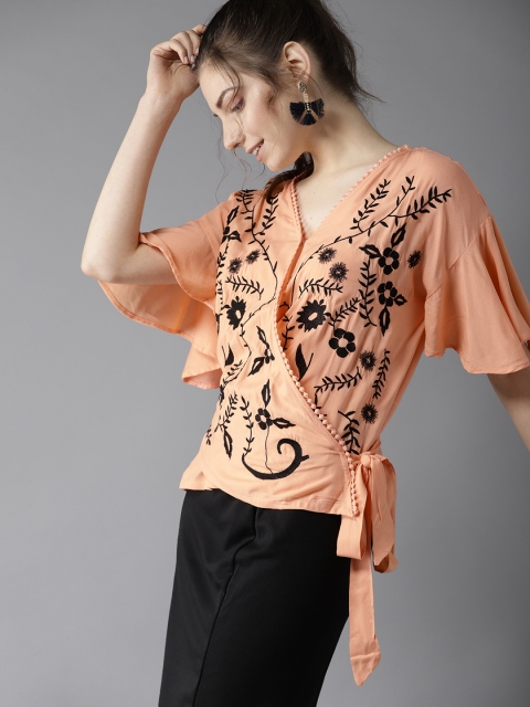 

HERE&NOW Women Peach-Coloured & Black Embroidered Wrap Top