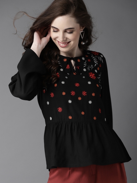 

HERE&NOW Women Black Embroidered A-Line Top