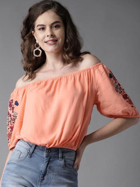 

HERE&NOW Women Peach-Coloured Solid Bardot Top