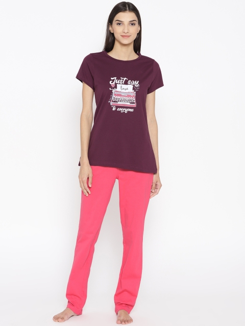 

Sweet Dreams Women Burgundy and Pink Printed Night Suit