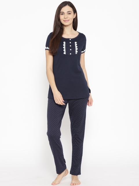 

Sweet Dreams Women Navy Blue & White Solid Night Suit with Lace Detail