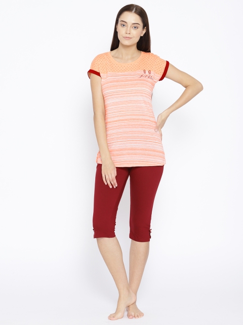 

Sweet Dreams Women Peach-Coloured & Maroon Striped Nightsuit 2232A9