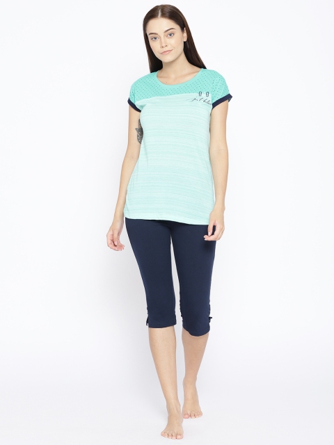 

Sweet Dreams Women Sea Green & Navy Blue Striped Night Suit 2232A9