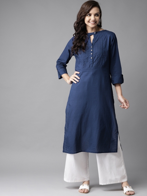 

HERE&NOW Women Navy Blue Solid Straight Kurta