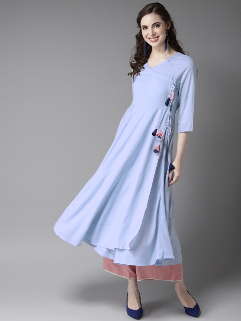 

HERE&NOW Women Blue Solid A-line Angrakha Kurta