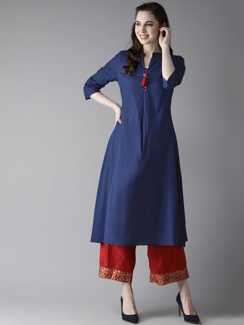

HERE&NOW Women Navy Blue Solid A-Line Kurta
