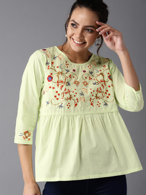 

HERE&NOW Women Green Embroidered A-Line Top