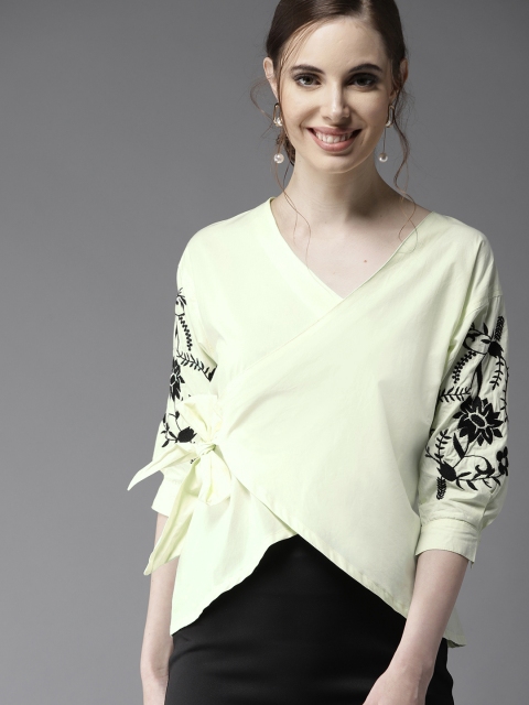 

HERE&NOW Women Green Solid Wrap Pure Cotton Top