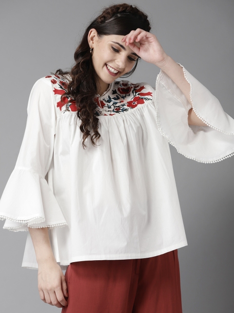 

HERE&NOW Women White & Red Solid A-Line Pure Cotton Top