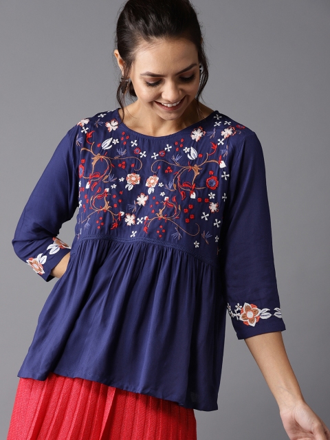 

HERE&NOW Women Navy Blue Embroidered A-Line Top