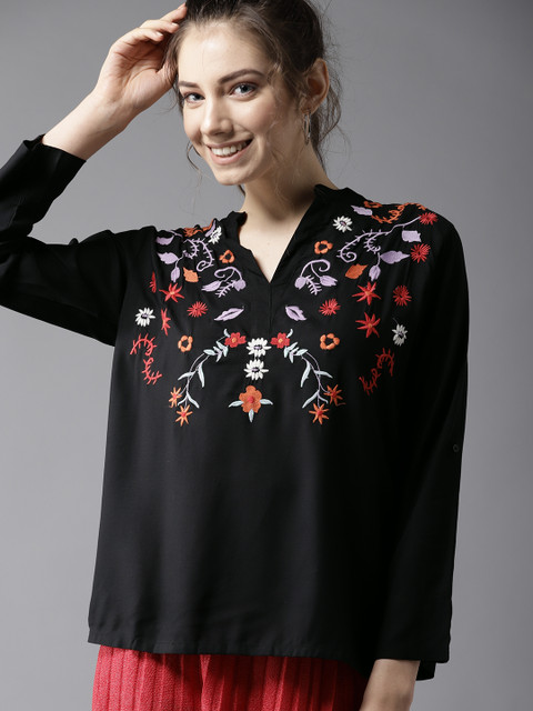 

HERE&NOW Women Black & Orange Embroidered Top