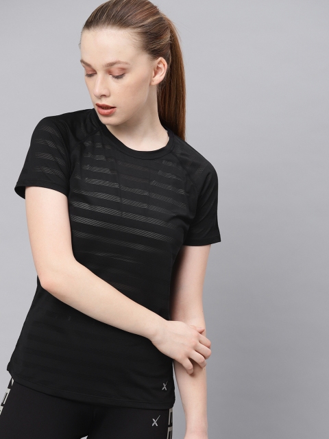 

HRX by Hrithik Roshan Women Black Self Striped Rapid Dry Running T-shirt