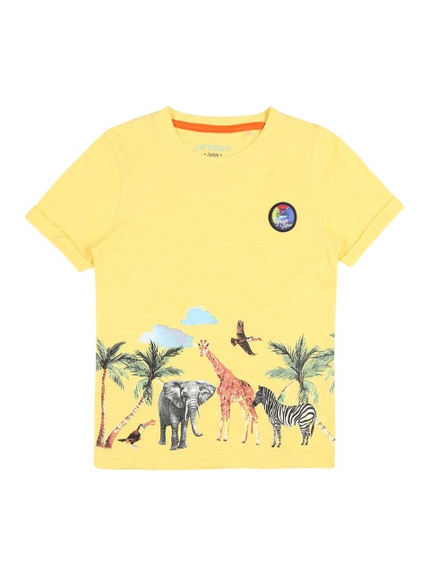 

Pantaloons Junior Boys Yellow Printed Round Neck Pure Cotton T-shirt