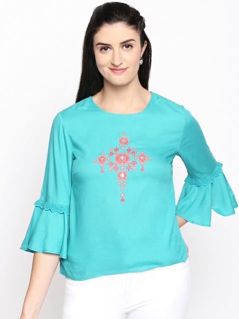 

AKKRITI BY PANTALOONS Women Turquoise Blue Printed A-Line Top