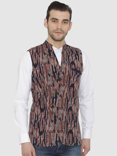 

Raas Men Blue & Peach-Coloured Printed Nehru Jacket