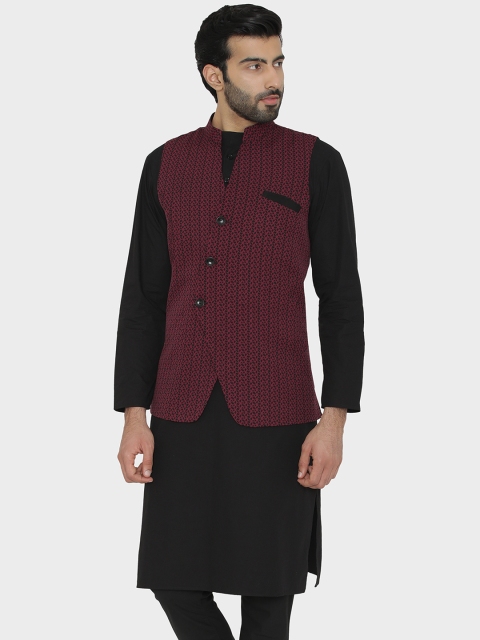 

Raas Men Burgundy & Black Printed Nehru Jacket