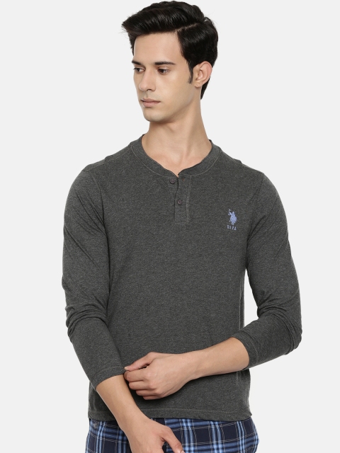 

U.S. Polo Assn. Men Charcoal Grey Solid Henley Neck Athleisure T-shirt