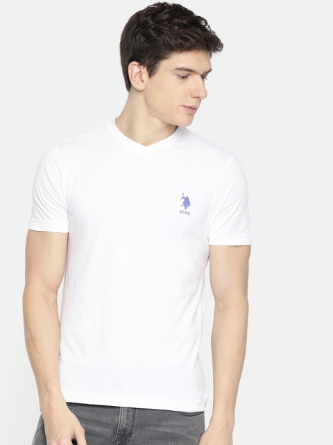 

U.S. Polo Assn. Men White Solid V-Neck Pure Cotton T-shirt