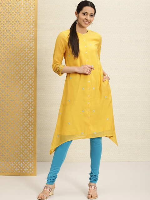 

House of Pataudi Women Yellow Chanderi Embroidered Asymmetric A-Line Kurta