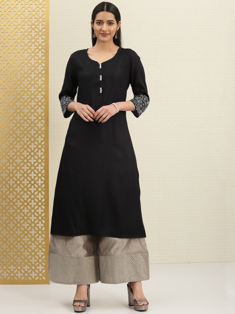 

House of Pataudi Women Black Solid A-Line Kurta