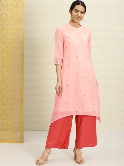 

House of Pataudi Women Pink Chanderi Floral Embroidery Asymmetric A-Line Kurta