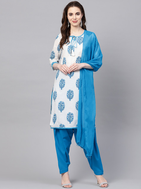 

Jaipur Kurti Women White & Blue Printed Kurta with Salwar & Dupatta