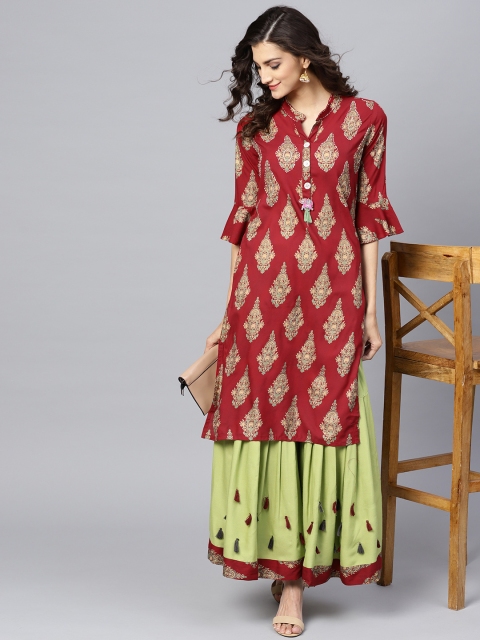 

Ishin Women Maroon & Green Printed Kurta with Sharara