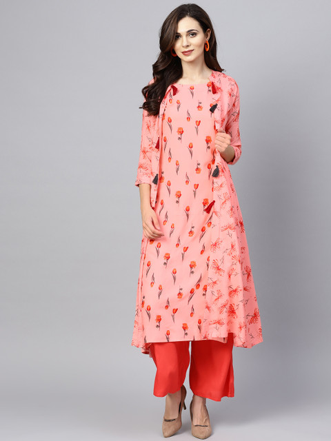 

Ishin Women Pink & Orange Printed Straight Kurta with Ethnic Jacket