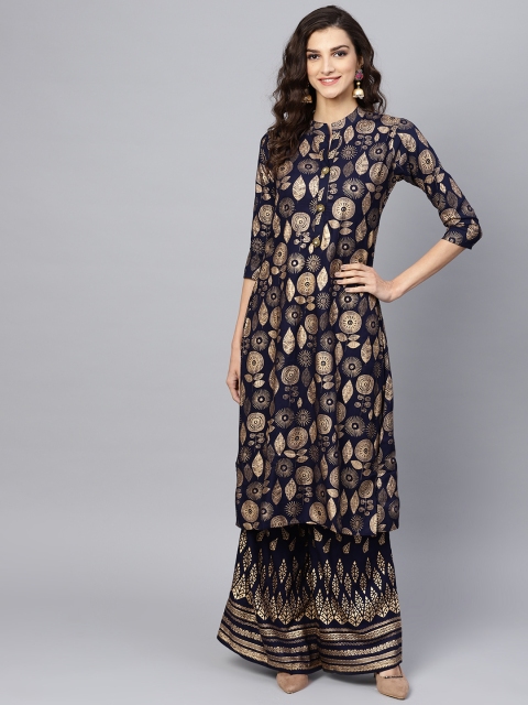 

Ishin Women Navy Blue & Golden Printed Kurta with Palazzos