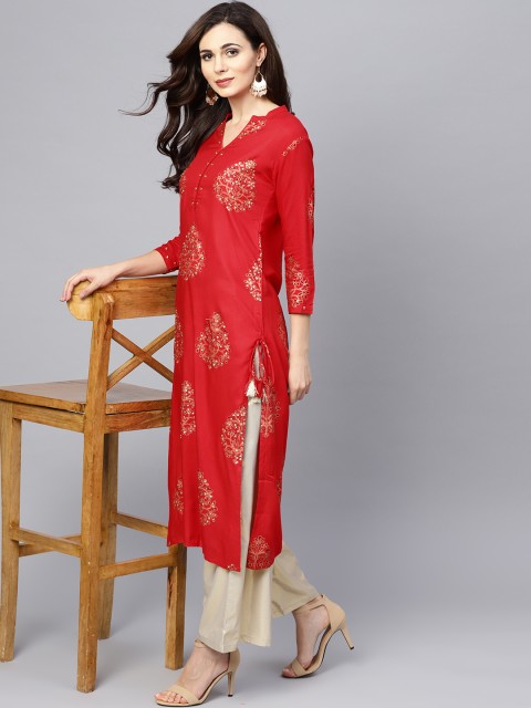 

Ishin Women Red & Golden Printed Straight Kurta