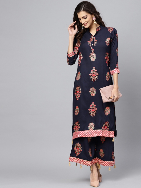 

Ishin Women Navy Blue Printed Kurta with Palazzos
