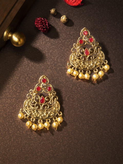 

Rubans Gold-Plated & Red CZ &Faux Ruby Studded Classic Drop Earrings