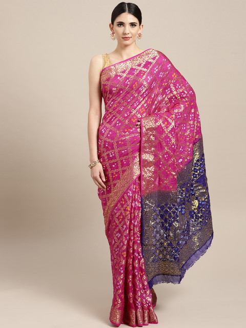

Geroo Jaipur Hand Dyed Magenta & Blue Bandhani Silk Sustainable Saree