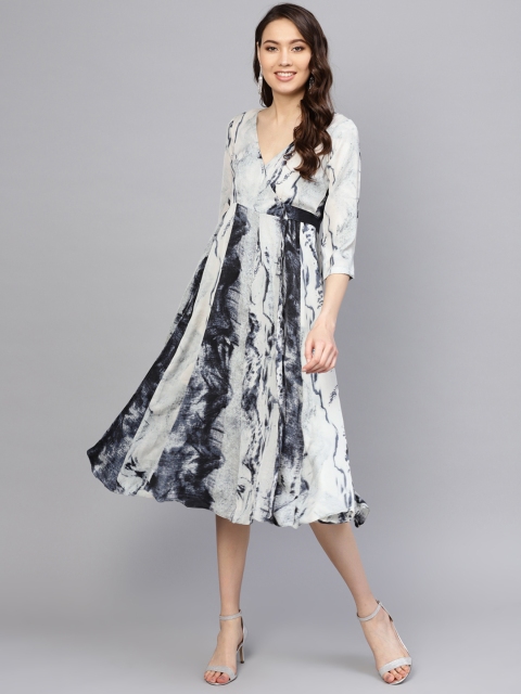 

PINKSKY Women Grey & Blue Printed Wrap Dress