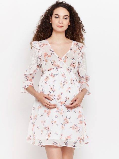 

Oxolloxo Women Off-White Printed Maternity Empire Dress