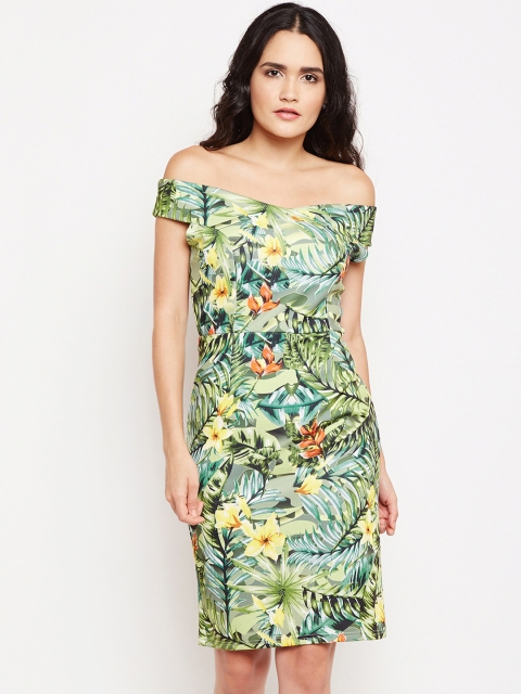 

Oxolloxo Women Green & Yellow Printed Off-Shoulder Sheath Dress