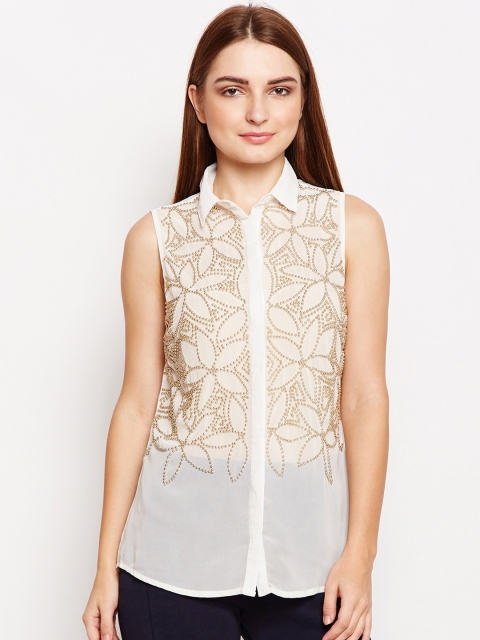 

Oxolloxo Women Off-White Regular Fit Self Design Casual Shirt