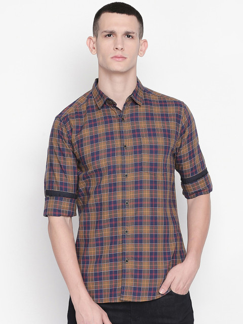

BYFORD by Pantaloons Men Olive Brown & Blue Slim Fit Checked Casual Shirt