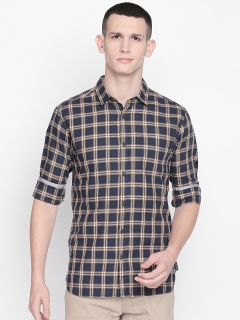 

BYFORD by Pantaloons Men Navy Blue & Beige Slim Fit Checked Casual Shirt