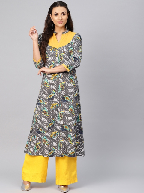 

Azira Women Charcoal Grey & Yellow Quirky Print A-Line Kurta