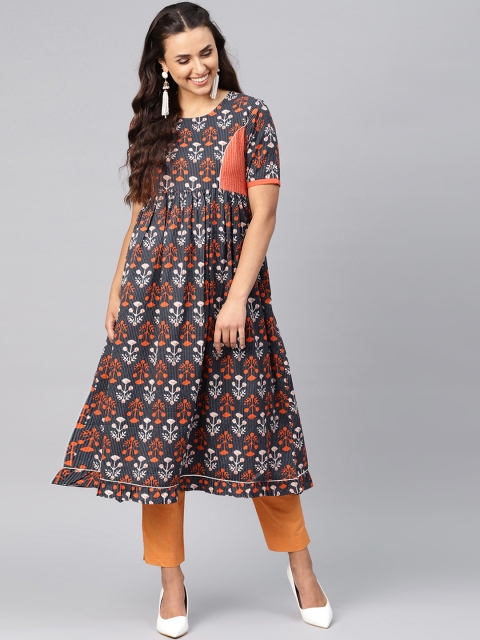 

Azira Women Navy Blue & Orange Printed A-Line Kurta