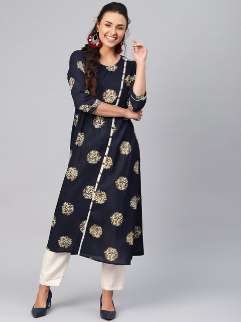 

Azira Women Navy Blue & Green Floral Printed A-Line Kurta