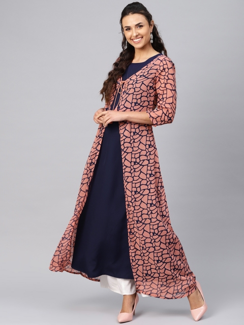 

Azira Women Navy Blue & Peach-Coloured Printed Layered A-Line Kurta